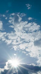 Wall Mural - Vertical Timelapse Blue sky fluffy white clouds on summer season bright clear skyline beautiful cloudscape. Vertical horizon Time-lapse Panorama blue sky clouds heaven on daylight with copy space