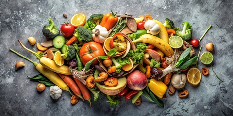 Sticker - A Colorful Still Life of Fresh Produce - A vibrant arrangement of fresh fruit and vegetables on a grey background. This still life showcases the bounty of nature with a variety of colors, shapes, and 