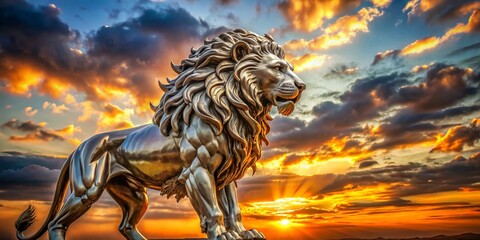 Sticker - Majestic Lion Statue Against a Dramatic Sunset - A majestic golden lion statue stands proudly against a dramatic sunset sky, creating a powerful and inspiring image. - A majestic golden lion statue st