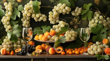 Wall Mural - Still Life with Grapes, Peaches, and Wine Glasses