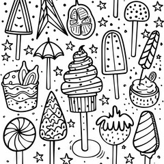 A black and white illustration featuring a variety of fun summer treats, including popsicles, cupcakes, and lollipops, all surrounded by stars