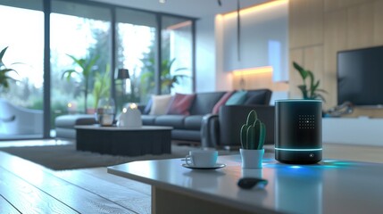 Wall Mural - a virtual assistant device with a digital display in a modern living room