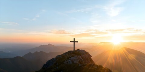 Wall Mural - Symbolic Silhouette of a Cross on a Mountain at Sunrise or Sunset Representing Jesus's Resurrection. Concept Sunrise, Sunset, Mountain, Cross, Resurrection