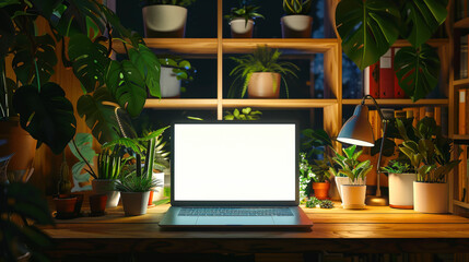 Wall Mural - A mockup of a stylish laptop in a cute green eco room. There is an open laptop on the desk, and next to it there are many different green houseplants