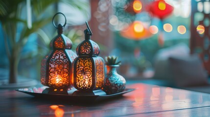 Traditional Eid decorations with lanterns and Arabic calligraphy. 