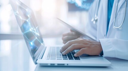 Wall Mural - a doctor conducting a virtual consultation via a laptop, captured in a candid, documentary photograp