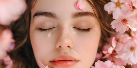 Wall Mural - Female model surrounded by blooming flowers in selective focus, eyes closed, enjoying scent. Concept Flower Photography, Female Model, Selective Focus, Eyes Closed, Joyful Expression