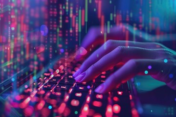 Wall Mural - Close-up of fingers typing on a keyboard, with an overlay of glowing binary code and stock market charts, symbolizing data analysis and trading.