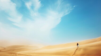 Wall Mural - In the backdrop of a sky and desert landscape in Paracas, Ica, Peru, a lone figure walks with a handbag, silhouetted against the bright light.