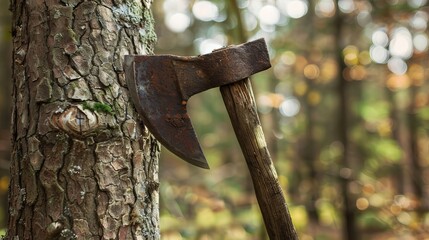 A close-up view of an old axe embedded into a tree trunk in the countryside, symbolizing rustic craftsmanship and the tools of traditional forestry or woodcutting.