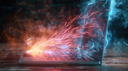 Laptop computer with exploding energy beams and sparks, concept for  speed, power,  technology, and innovation