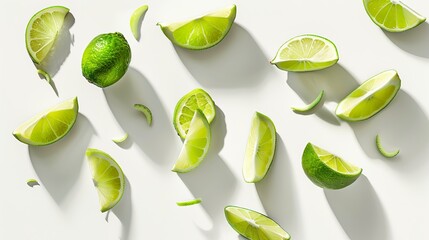 Wall Mural - Flying lime slices scattered in various directions on a white isolated background, showcasing their vibrant color and freshness with shadows, ideal for an eye-catching advertising banner.