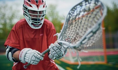 Wall Mural - A lacrosse player's hands holding a stick, with the field and net in the background