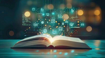 Open book with glowing digital icons rising from its pages. Concept of online education, knowledge, e-learning, and digital transformation.