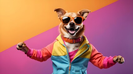 A happy dog wearing sunglasses and a vibrant clothing dances over a background of two colors with copy space. Good time, creative idea, animal-themed party. Artificial Intelligence