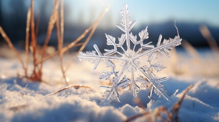 Close-up of a delicate snowflake on a sunny winter day.  Concept of winter, snow, ice, frost, nature, and beauty