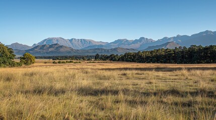 Wall Mural - Background image of peaceful mountain meadow panorama with cloudy skies. High-resolution landscape photography. Springtime and natural beauty concept. Design for environmental campaigns. AIGT2.