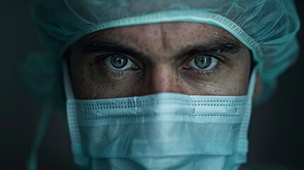 Wall Mural - Create an intense portrait of a surgeon in scrubs, their face partially hidden by a mask, eyes reflecting determination and precision, with a dark, sterile background 