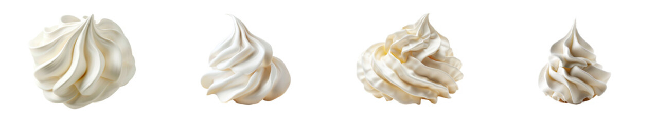 four dollops of whipped cream isolated on a white background, showcasing different sizes and creamy 