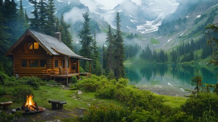 Wall Mural - Secluded Log Cabin Getaway with Mountain Lake View