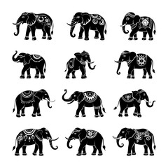 Wall Mural - Elephant Silhouettes High Quality Ornament Inspired Collection 003