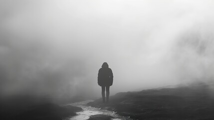 A person is walking in the fog. The person is wearing a jacket and he is alone.