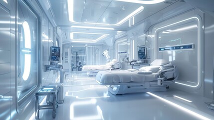 Poster - Design a futuristic medical facility where patients receive cybernetic enhancements, with advanced machinery and robotic nurses attending to them.