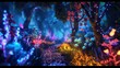 © peerawat - Design a psychedelic forest path with glowing, bioluminescent plants and trees that morph into abstract shapes as you move through the scene.