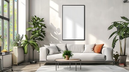 Wall Mural - Empty mock-up poster in modern living room, stylish, interior decor, minimalism