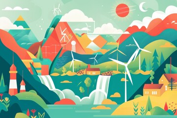 Wall Mural - ind fun ways to visualise different types of renewable energy sources, using playful and colorful illustrations of solar power, wind energy, hydroelectric, and geothermal, engaging and cheerful 