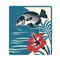 Canvas Print - minimalistic icon vector graphic of a and tilapia jumping out of the water with one hibiscus in the lower right hand corner or the rectangle, white background