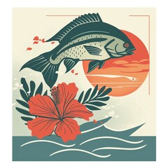 Canvas Print - minimalistic icon vector graphic of a and tilapia jumping out of the water with one hibiscus in the lower right hand corner or the rectangle, white background