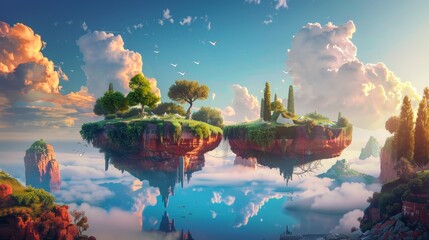 Poster - Design a surreal landscape where reality and imagination blur, featuring floating islands, vivid colors, and mind-bending optical illusions that challenge perception.