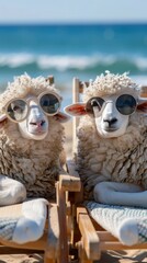 two funny and glamorous sheep with curly white wool, wearing sunglasses, relaxing in a sun lounger o