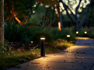 Wall Mural - Solar powered footpath lighting, small solar lights embedded along a park pathway, evening stroll, soft and ambient lighting, eco-conscious design 