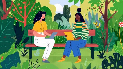 7. Two teachers sitting on a park bench, engaged in a deep conversation, with one holding a notebook and the other a tablet, amidst a serene, green environment