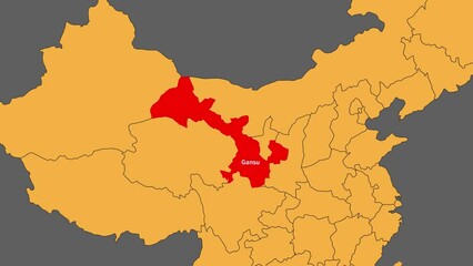 Canvas Print - Gansu map animated video. Gansu location is highlighted on the China map colour with Gray background in video format.