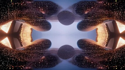 Wall Mural - abstract cosmic landscape with golden lights and mirrored mountains