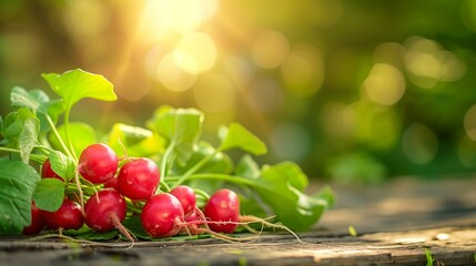 Wall Mural - Red fresh bunch of radishes on wooden table with blurred garden background. Summer nature, sunlight and space for text. Banner with copy space.