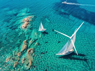 Poster - Offshore wind turbines in the Mediterranean Sea, clear turquoise water, sunny day, a sailboat passing by, no people, summer season, highlighting the beauty and sustainability of wind energy 