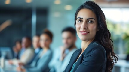 Wall Mural - Businesswoman leading a team discussion in an office, confident, leadership, professional