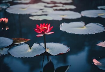 Wall Mural - A serene pond with a vibrant red lotus flower surrounded by lily pads in soft evening light.