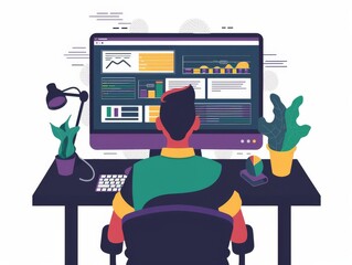 Canvas Print - A man sat at his computer desk and worked hardï¼Œusing a macbook and downloading some applications and other web and apps elements on the screen, using simple shapes with a white background and a dark