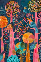 Sticker - A vibrant gouache illustration of trees with big colorful birds and fruits