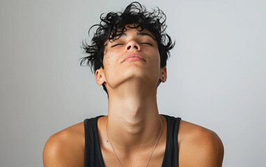 Wall Mural - A close-up portrait of a young adult with curly, black hair looking up with their eyes closed. They are wearing a black tank top and have a gold chain necklace around their neck