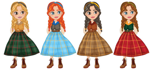 Poster - Four girls wearing colorful plaid dresses and boots