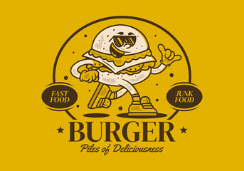 Wall Mural - Burger, pile of deliciousness. Retro mascot character illustration of burger in running pose