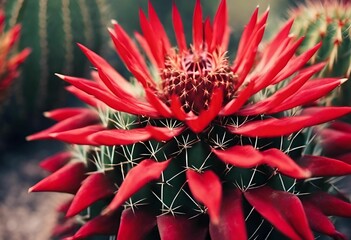 Canvas Print - Close-up of a vibrant red cactus flower in bloom with sharp spines in a desert setting