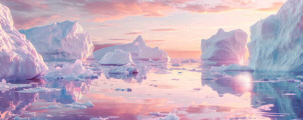 Wall Mural - A lagoon in the Arctic, surrounded by towering icebergs and reflecting the soft, pastel colors of the polar sunset