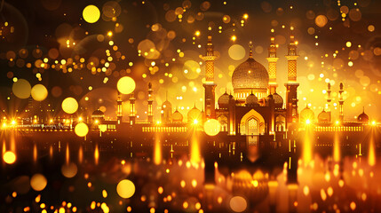 Poster - Glowing Mosque Eid Celebration Background. Festive Eid Night with Golden Mosque Silhouette. Eid Festival Lights at Mosque design